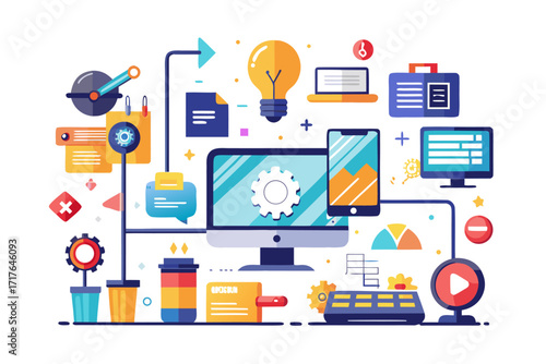 Creative 3D illustration showing software development, programming code windows, debugging tools, and colorful tech icons. Perfect for concepts related to coding, web development, app design, artifici