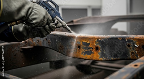 Worker in protective gloves sandblasts a rusty car frame to remove corrosion and old paint