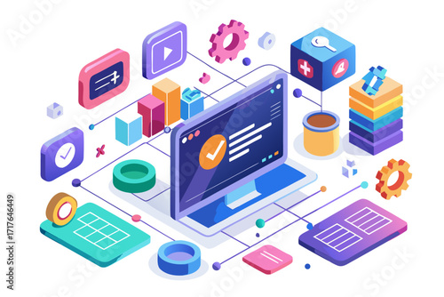 Creative 3D illustration showing software development, programming code windows, debugging tools, and colorful tech icons. Perfect for concepts related to coding, web development, app design, artifici