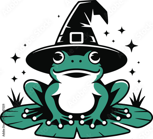 Halloween frog on pad witch hat silhouette cute design