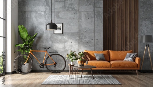 orange bicycle parked decorate interior living room modern style with cement mortar wall background
