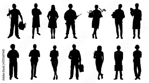 Professions, occupations and jobs set. Teacher, doctor, fireman, policeman and waiter. Various working characters silhouette.