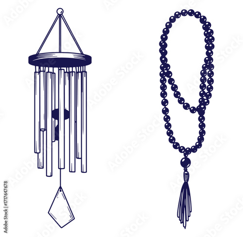 Vector illustration of a wind chime and prayer beads on a white background