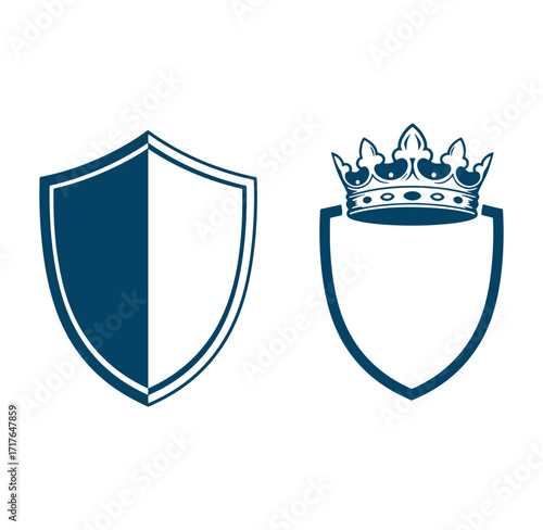 Vector illustrations of royal shield designs and a regal crown with heraldic elements.