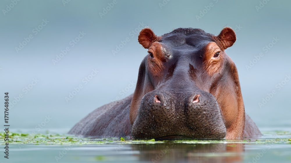 Fototapeta premium Hippopotamus resting in calm river with eyes and ears above water, observing surrounding environment, natural wildlife scene, river habitat, aquatic mammal behavior, nature, and serene ecosystem