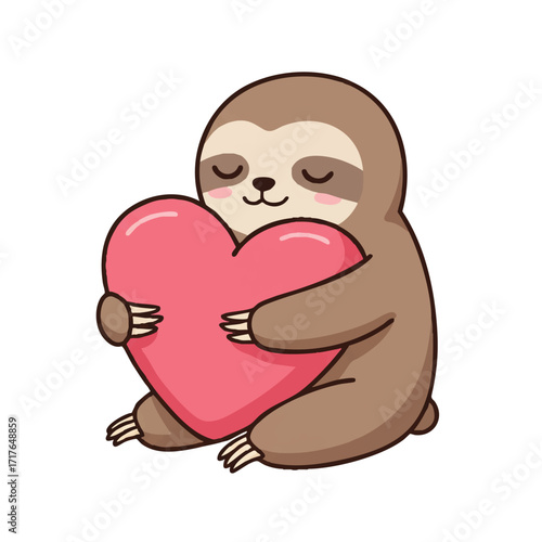 A cute sloth vector illustration with clean outlines and vibrant colors, eyes closed in pure contentment, tenderly embracing a large, soft heart-shaped pillow on a clean white background.