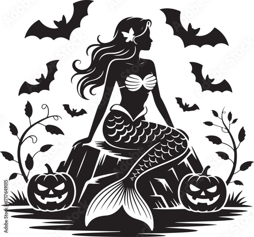 Halloween mermaid rock silhouette design