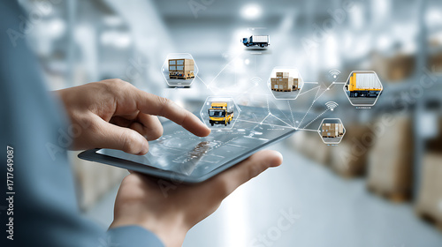 Person using tablet to monitor connected logistics vehicles and warehouse operations in a smart supply chain environment