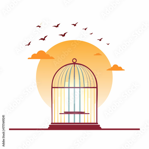Open Birdcage with Birds Flying at Sunset