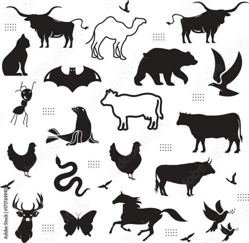 A large set of animals of the world on a light background.