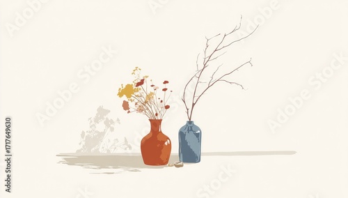 A still life featuring dried flowers in an terracotta vase and a branch in a muted blue bottle, showcasing a calming and serene aesthetic.