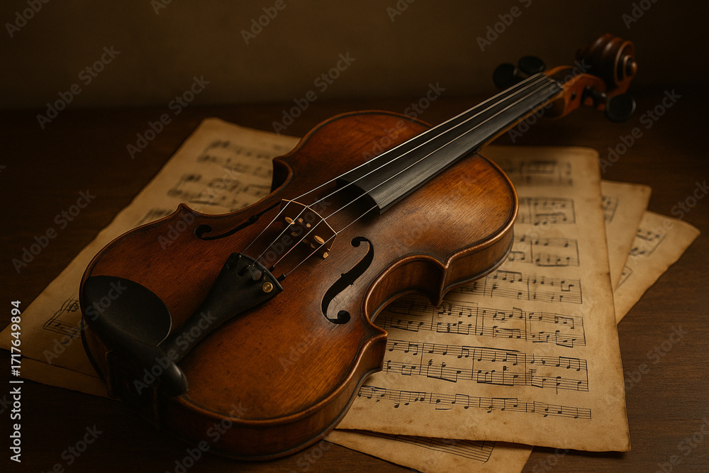Fototapeta premium Vintage violin on sheet music