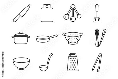 Kitchen spoons minimalist cutting measuring knife vector mixing colander icons saucepan icon