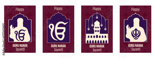 Vector Guru Nanak greeting poster collection. Vector illustration of perfect traditional Indian holiday greeting card set. Guru Nanak holiday background set. 