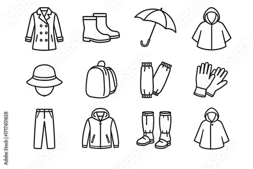 Umbrella rain urban jacket vector ankle hat boots gear waterproof gaiters icon