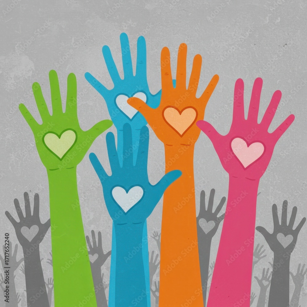 Fototapeta premium Diverse Hands with Hearts, Community Support