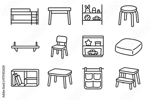 Bunk kids floor minimalist table icon desk furniture slim shelf vector small
