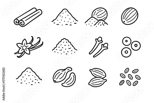 Powder ground cinnamon icons whole nutmeg spice baking cardamom sticks vector icon