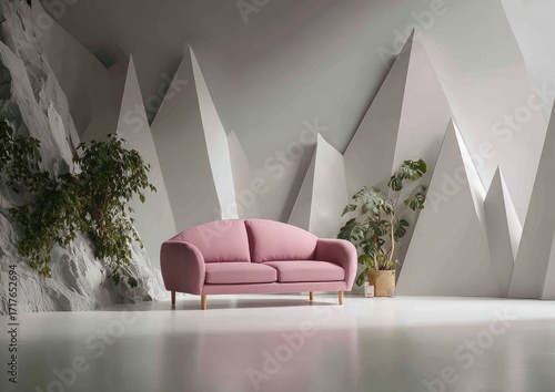 A modern living room scene showcasing a plush, pink sofa against a backdrop of sculpted, white mountain-like shapes.