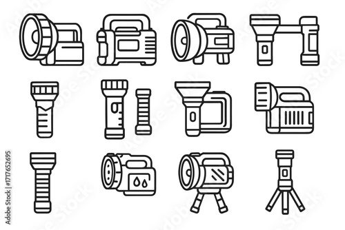 Collection flashlight cooling battery large icon legs torch waterproof vector shockproof