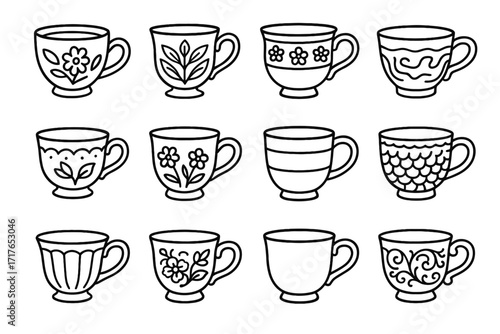 Ceramic colorful clay patterned engraved painted icon vector decorative tea cup