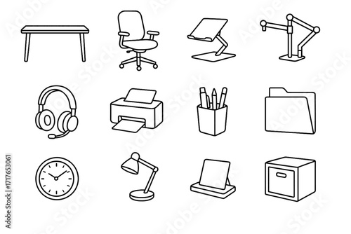 Sticky compact stand vector setup dual icon desk headset chair cube laptop