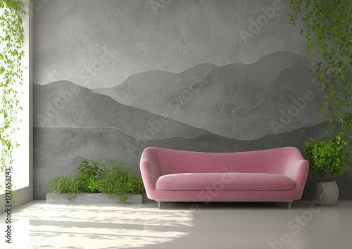 A modern living room interior with a gray textured wall, delicate mountain range design, and a striking pink sofa.