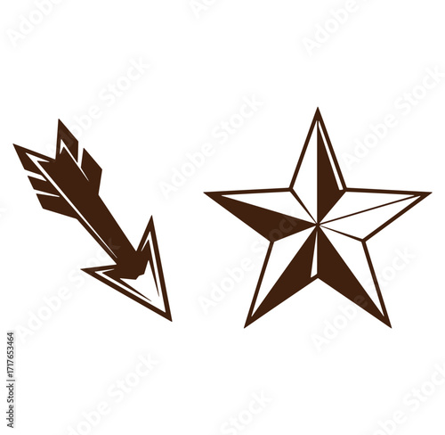 Brown star and arrow vector illustration isolated on a white background for graphic design
