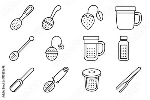 Travel vector steel lid bamboo basket icons tea filter infuser icon