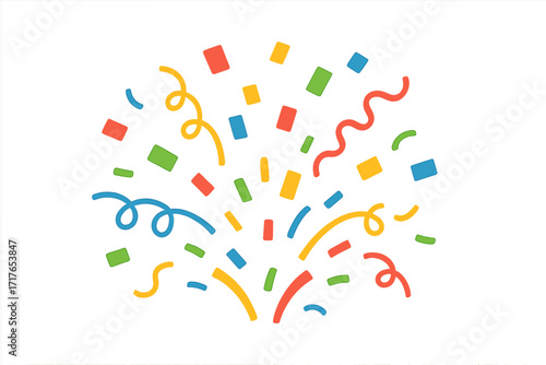 Colorful confetti burst explosion. Flat cartoon illustration for celebration, party, or winner design. Festive popper element for birthday, anniversary, and holiday fun.