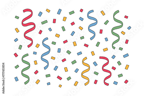 Confetti and serpentine background. Vector seamless pattern. Festive party cartoon illustration. Colorful streamers for birthday, carnival, new year, or holiday celebration design.