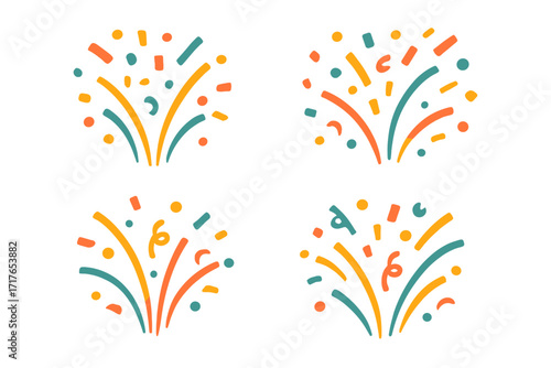 Vector set of confetti firework bursts. Flat design illustration of a festive party popper explosion. Colorful elements for celebration, birthday, anniversary, and new year.