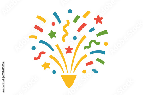 Confetti popper explosion vector icon. Celebration, party, and birthday surprise concept. Festive firework cracker with colorful stars and streamers. Flat cartoon illustration.