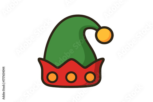 Elf hat icon. Christmas decoration flat symbol. Vector cartoon illustration. Santa's helper cap for festive holiday design. Xmas gnome costume accessory isolated graphic element.