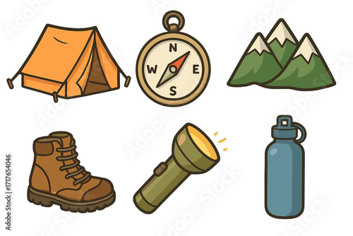 Camping and hiking equipment icon set. Isolated vector cartoon graphics of tent, compass, mountain, boot, flashlight, water bottle for outdoor adventure, travel and tourism.
