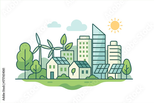 Eco city with renewable energy sources like wind turbines and solar panels. Sustainable green cityscape concept. Modern flat design vector illustration of a smart future town.