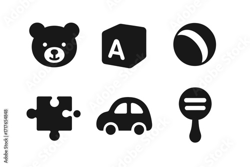 Minimalist baby toys icon set. Bear, block, ball, puzzle, car, rattle silhouettes. Simple black glyph collection for newborn, childhood development, play and learning.