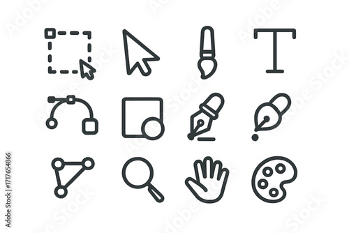 Graphic design tools vector icon set. Minimalist line symbols for web and app UI UX design. Pictogram collection with pen tool, brush, cursor, text, zoom, and palette.