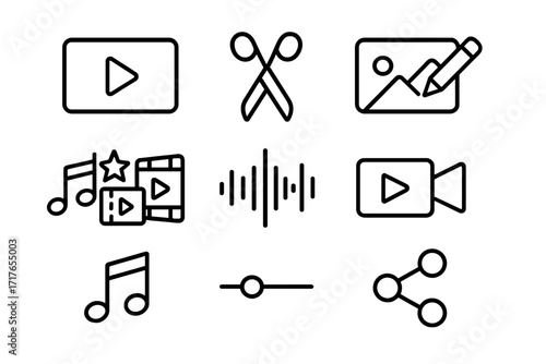 Minimalist multimedia icon set for video and photo editing. UI UX kit with thin line icons for app development and web design. Includes play, cut, record, share, and audio symbols.