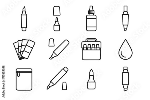 Tool chisel tip marker ink bottle icons vector icon refill art open