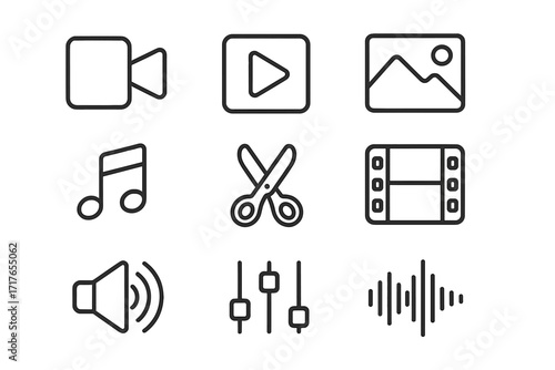 Minimalist multimedia icons set for video and audio editing tools, including play, music note, cut, film, sound, equalizer, and waveform symbols, vector cartoon with transparent background