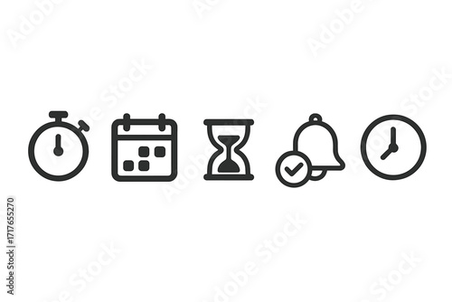 Minimalist time management icons set with stopwatch, calendar, hourglass, check mark, bell notification, and clock, vector cartoon illustration for productivity and scheduling concepts