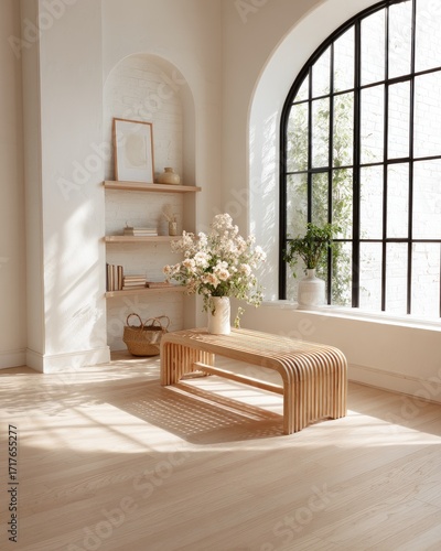 A light-filled room with a light-colored wooden bench and a large window, showcasing a serene and minimalist aesthetic.