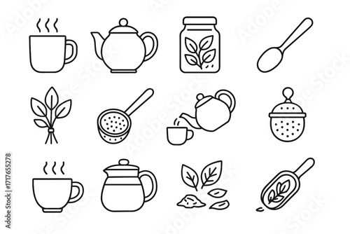 Dried herbal strainer teapot tea scoop icon vector cup mug