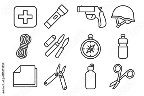 Compass multitool icon helmet survival aid emer cross vector emergency flashlight