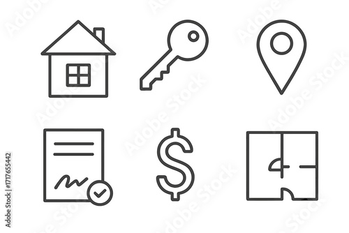 Real estate icon set of home, key, location pin, contract with approval, dollar symbol, and floor plan in clean linear style, vector illustration for property and housing concepts
