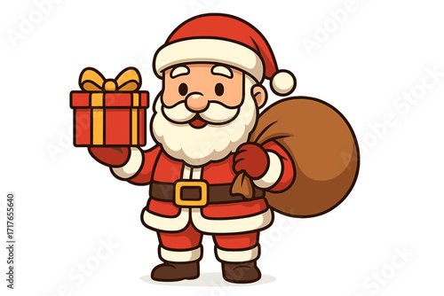 Cute Santa Claus cartoon character holding a red gift box with a golden ribbon and carrying a large brown sack, festive Christmas vector illustration with transparent background