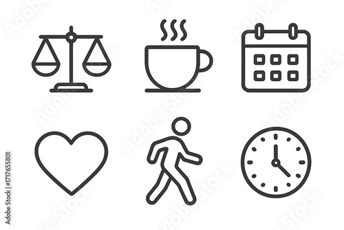 Simple line icons set with scales, coffee cup, calendar, heart, walking person, and clock. Minimalist vector illustrations with transparent background for business, lifestyle, and health concepts.