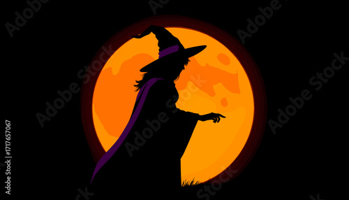 Silhouette of a witch casting a spell in front of a full orange moon, magical and enchanting Halloween design