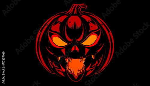 Sinister jack-o'-lantern with glowing eyes and sharp teeth, bold and creepy Halloween design